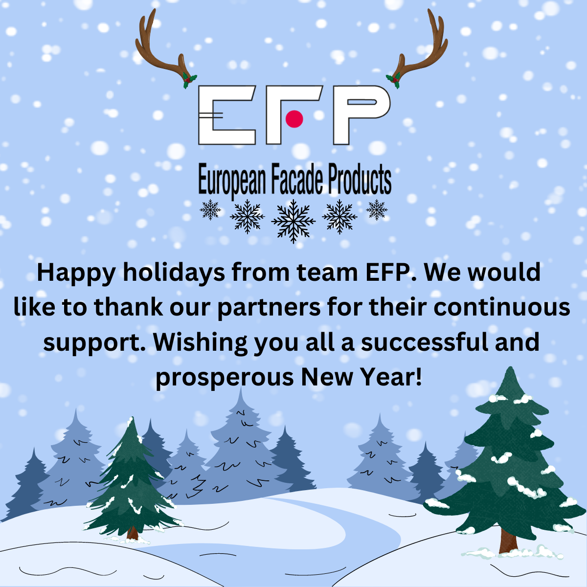 season greetings card with efp logo, reindeer antlers, snow and trees in which they thank their partners and new years wishes